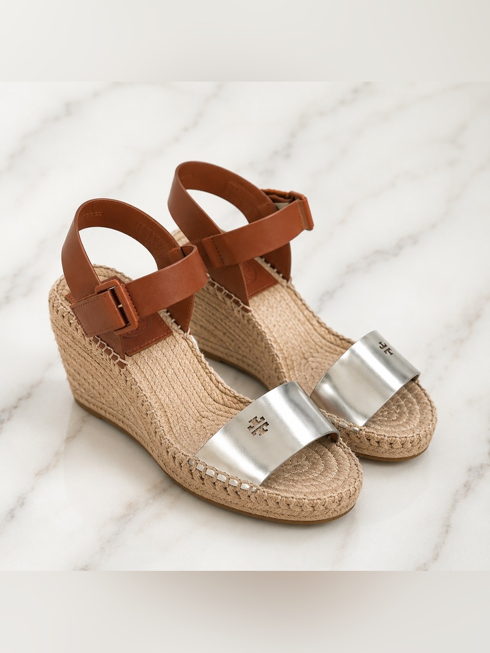 Tory Burch Bima 2 Espadrille Wedge Sandals – Metallic Silver – Size 6 summer